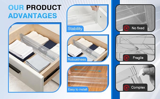 3-Pack Clear Drawer Organizer, Adjustable & Expandable Drawer Divider for Kitchen, Bathroom, Office, Customizable Storage Space-Saving Solution for Utensils, Cosmetics, Socks, Stationery