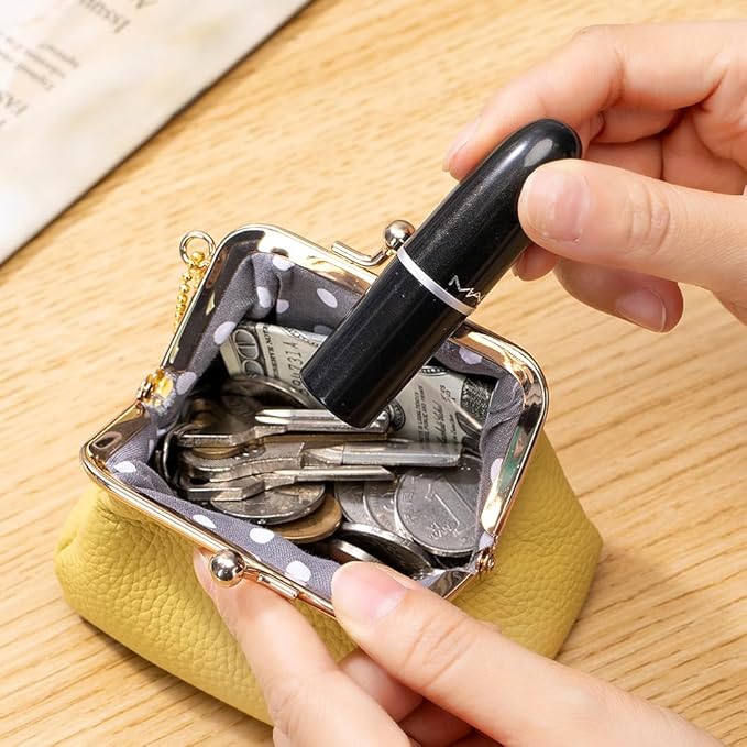 Genuine Leather Lipstick Holder Case, Cute Coin Purse for Women, Small Vintage Kiss Lock Jewelry Storage Organizer Change Bag Pouch (Lemon Yellow)