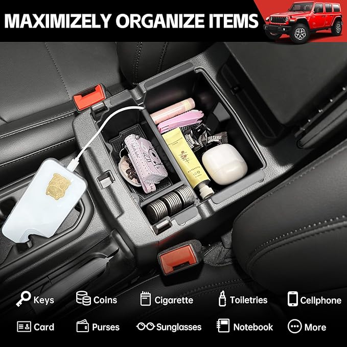 Center Console Organizer Tray Fit for 2018-2025 Jeep Wrangler JL JLU 4XE/Gladiator JT Center Console Armrest Box for Wrangler&Gladiator Accessories(Center Console Armrest Organizer)