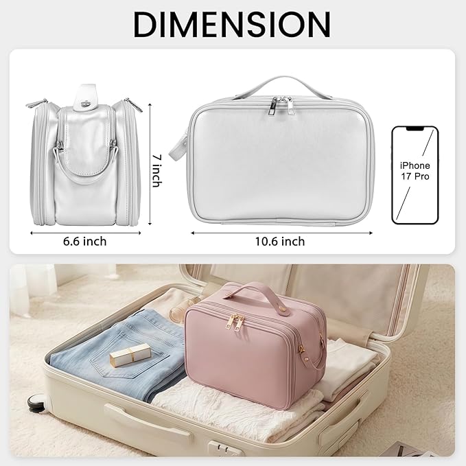 HauteHues Travel Makeup Bag Women's Large Capacity Cosmetic Portable Organizer Large Opening Waterproof Storage Toiletry Bags Vertical Free-Standing Brush Holder for Easy Access Silver