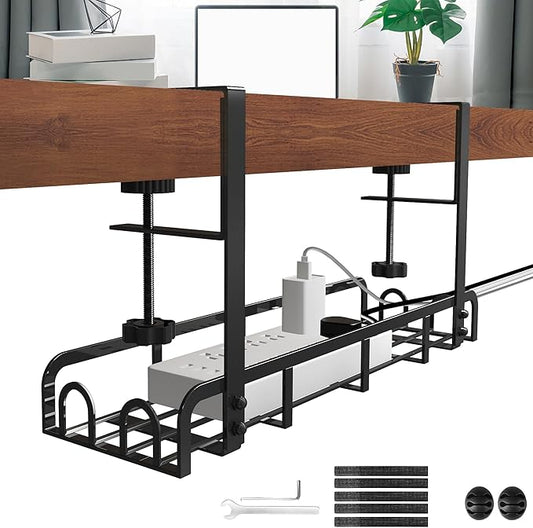 Sleclean Under Desk Cable Management Tray, Upgraded Long Arm Clamp, 16.6"x4.7" No Drill Steel Organizers, Cable Tray with Clamp for Wire Management, Home - No Damage to Desk
