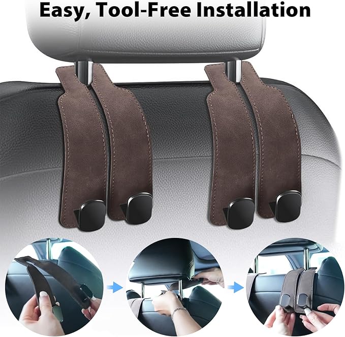 Travel Depot Headrest Hooks for Car, Purse Hook for Car, Premium Leather Twin Hook Car Seat Hooks, Double Hook Seat Back Storage Organizer for Purses, Bags, SUV, Truck, Vehicle, 2 Pack, Brown