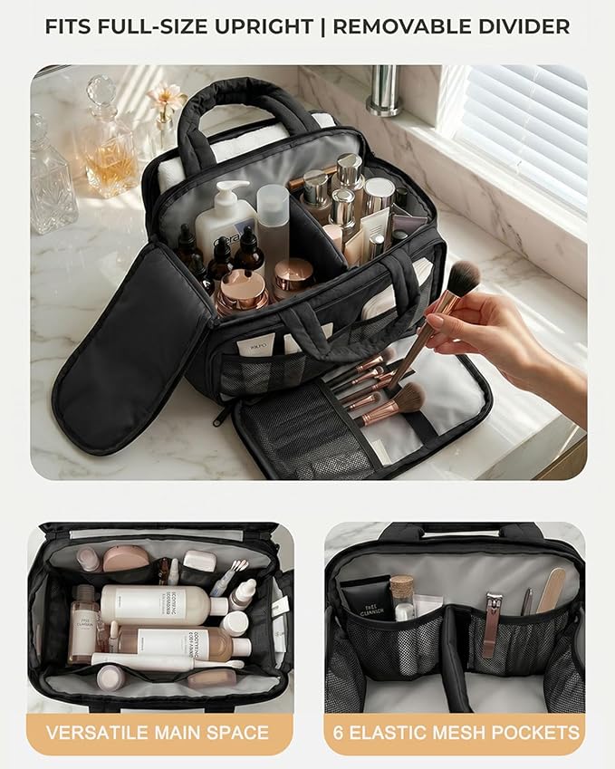 Lightweight Structured Travel Toiletry Bag for Women - Wide-Open Puffer Mini Duffel with Removable Divider, Waterproof Lining, Water-Resistant Exterior, Fits Full-Size Bottles & Shower Essentials