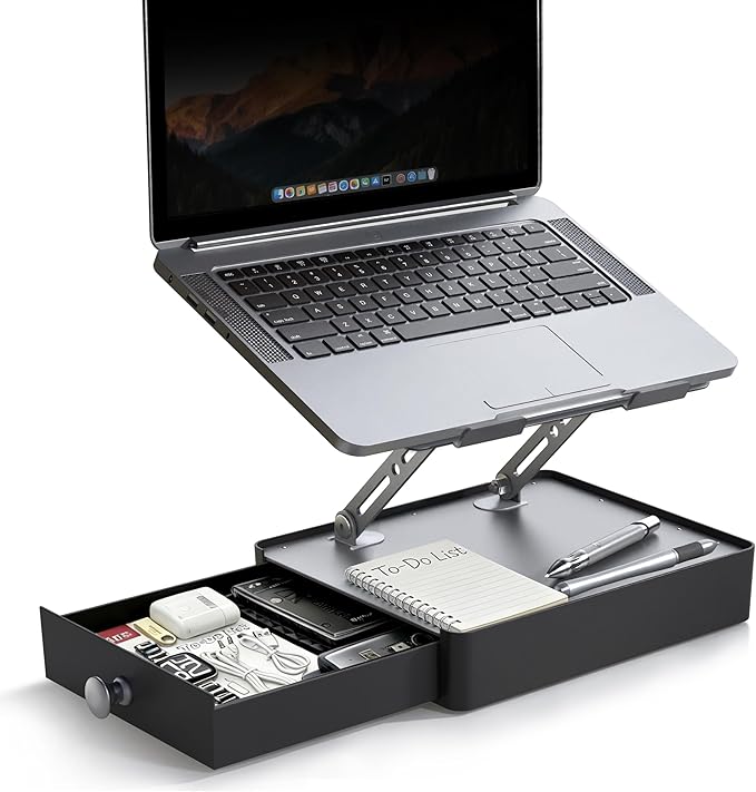 Laptop Stand with Storage Drawer, Adjustable Ergonomic Laptop Riser for Desk, Heavy-Duty Metal Stand for 10??6??Laptops, Space-Saving Desk Organizer for Remote Work & Home Office, Gray