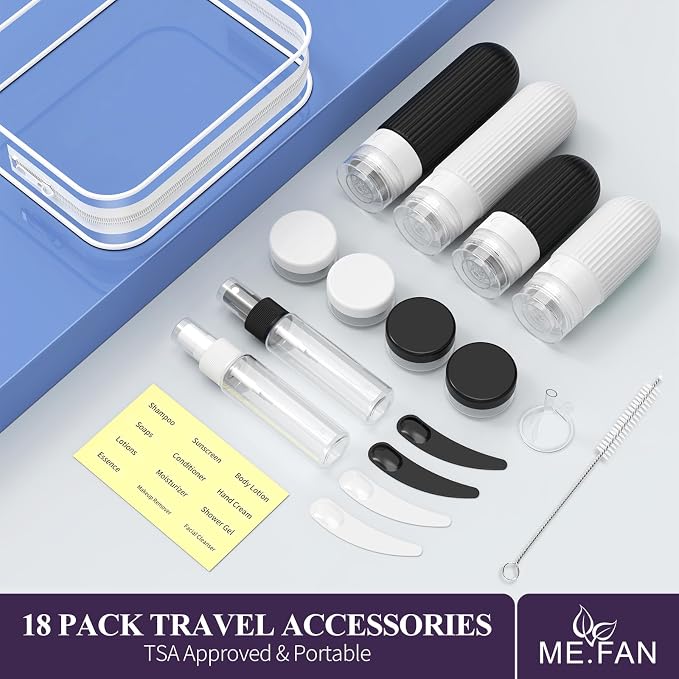 ME.FAN Travel Bottles for Toiletries,18 Pack Silicone Portable Size Bottle, TSA Approved Refillable Cosmetic Container Kits for Conditioner, Shampoo, Lotion,Face Cream - Black/White