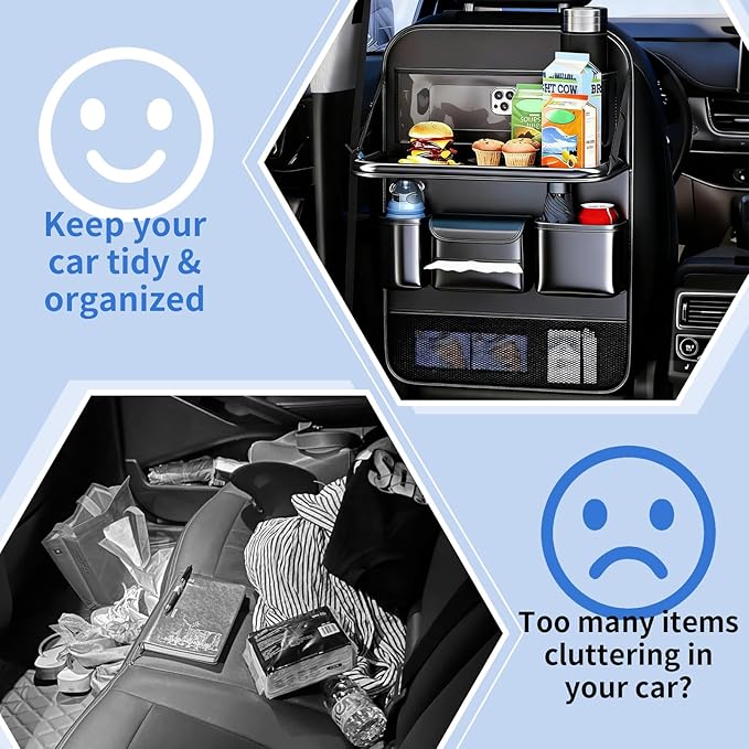 Car Seat Back Organizer with Foldable Tray, Car Seat Back Protector, Premium Leather Kick Mats, Multiple Storage Pockets, Travel Accessories for SUV Truck (Long)