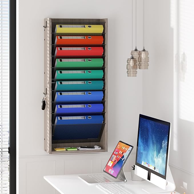 Hanging Wall File Organizer, 11 Tier Wood Wall File Holder with 4 Hooks, Mail Organizer Wall Mounted with Bottom Flat Tray, Vertical Paper Desk Storage for Office, Home, Greige