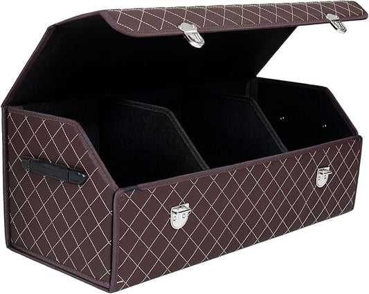 Trunk Organizer with Lid for Car Foldable Storage Box Heavy Duty PU Leather Cargo Organizer for SUV Sedan Waterproof (Brown, Large)