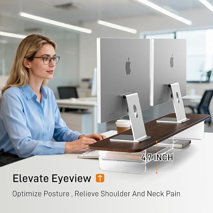 AFOOYO Large Dual Monitor Stand For Desk,43 Inch Desktop Computer Riser with Felt Drawer Acrylic Legs Desk Shelf Organizer For Computer/Laptop/PC/Printer/TV