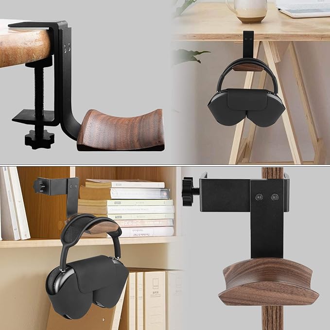 GEEKRIA Wooden Headphones Stand Compatible with Apple AirPods Max, Sony WH-1000XM6 Headphone Hook, Earphones Hanger Mount, Dual-Purpose Aluminum Headset Desktop Clip with Walnut Holder