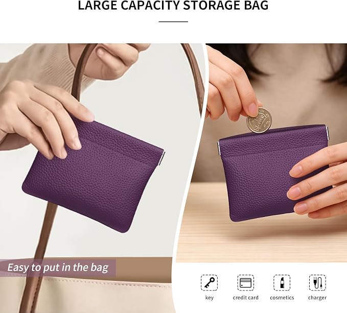 Genuine Leather Squeeze Coin Purse Pouch Change Holder For Men & Women Mini Change Purse Pouch for Pocket, Small Pouch Credit Card Key Headset Lipstick Holder (Purple)