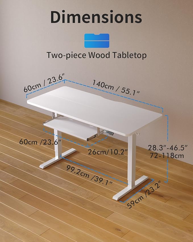 FEZIBO Standing Desk with Keyboard Tray, 55 x 24 Inch Adjustable Height Sit Stand Desk with Memory Presets for Home Office, Ergonomic Computer Workstation, White