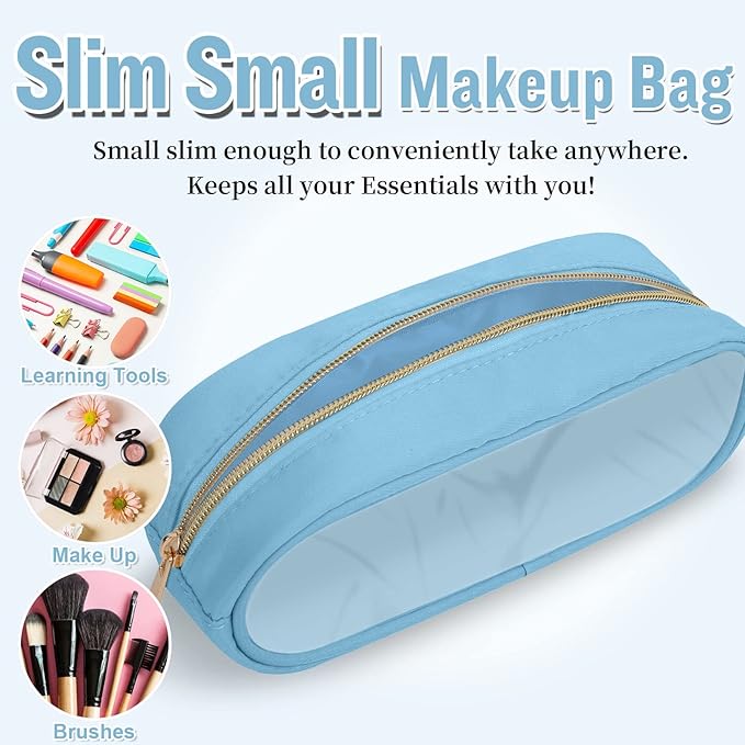 Small Clear Makeup Bag Slim Pencil Pouch, Cute Pencil Case Makeup Bag Preppy Cosmetic Zipper Pouch for Purse, Transparent PVC & Nylon Travel Toiletry Clutch Coin Pouch Makeup Brush Bag for Women(Blue)