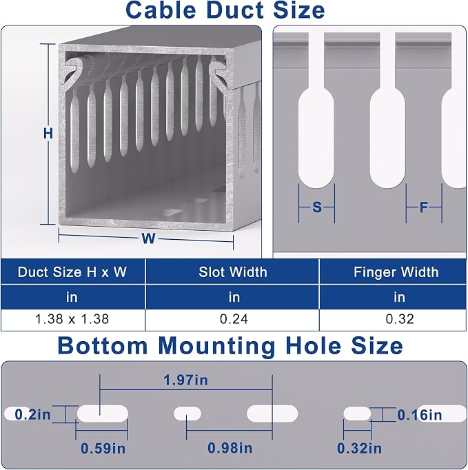 ZhiYo H1.4in W1.4in Professional Server Rack Cable Management Raceway, 132in (8 x L16.5in) Cable Raceway Kit, Electrically Safe PVC Open Slot Wire Raceway for Under Desk/Computer/Network Cords, Grey