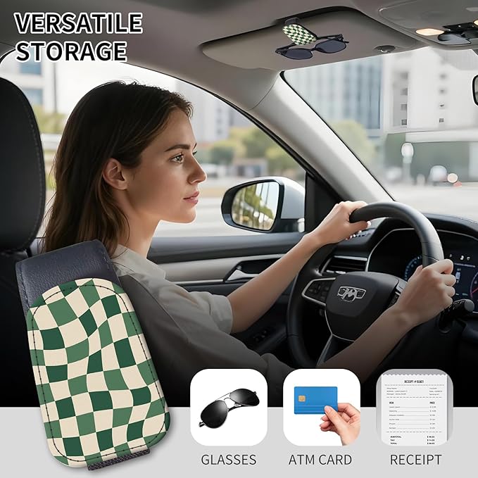 Sunglasses Holder for Car Visor, PU Leather Glasses Clip Organizer, Cute Magnetic Eyeglass Holder for Vehicle Sun Visor, Car Interior Accessory for Women & Men Green Wavy Checker