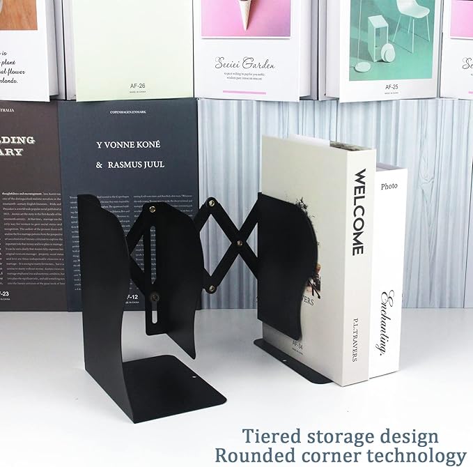 Adjustable Bookends, 19 inches 2 Dividers Heavy Duty Metal Book Holders, Book Storage Rack, Desk Organizer Magazine File Holder for Office, School, Bookstore and Home, Black