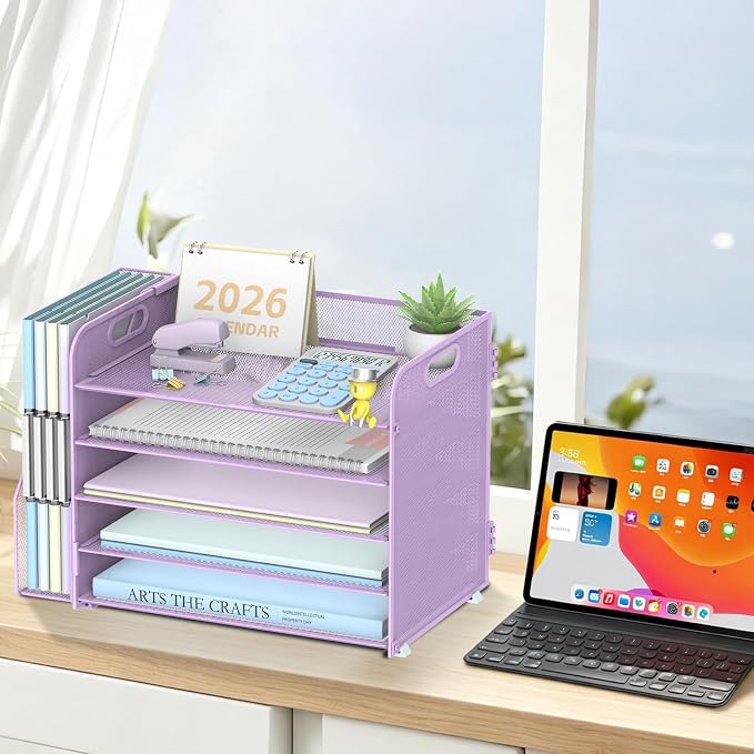 SUPEASY 5-Tier Desk Organizer with File Holder, Desk Organizers and Accessories, Paper Organizer for Desk, Mesh Desktop File Organizer, Workspace Organizers for Office School Home, Purple