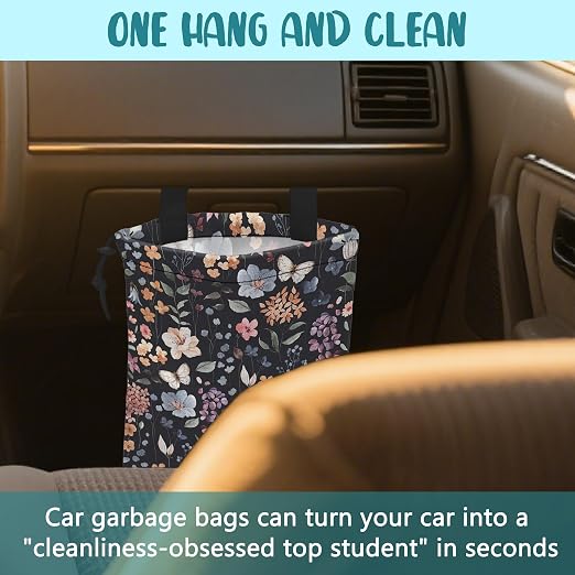 Car Garbage Bag Vintage Floral Watercolor Rustic Drawstring Car Trash Bag Hanging for Back Seat with Adjustable Buckle Canvas Vehicle Trash Can Easy-to-Install