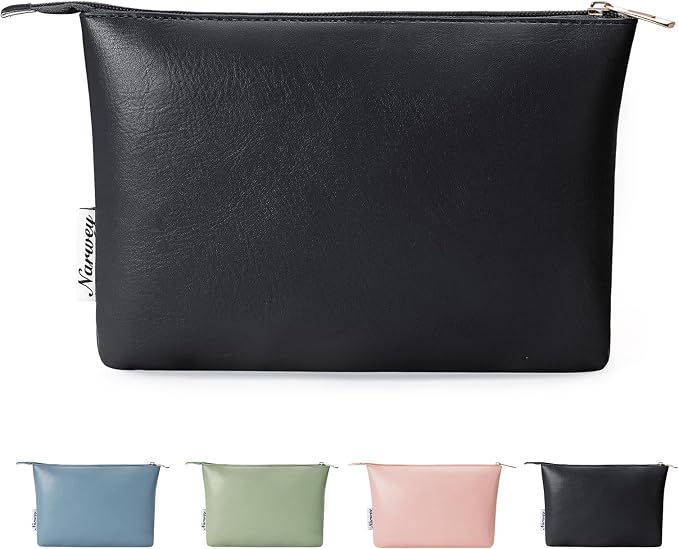 Narwey Small Makeup bag for Purse, Small Makeup Pouch for Purse Cosmetic Bag with Zipper, Cute PU Leather Make up Pouch for Women Girls (Black)