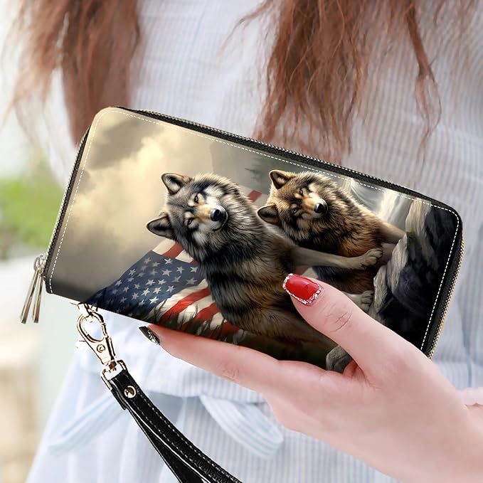 Women's Large Capacity Wallet PU Leather Double Zipper Clutch Purse Multifunctional Wallet with Removable Wristlet Strap for Smart Phone/Coin/Card/Cash - American Flag Wolf