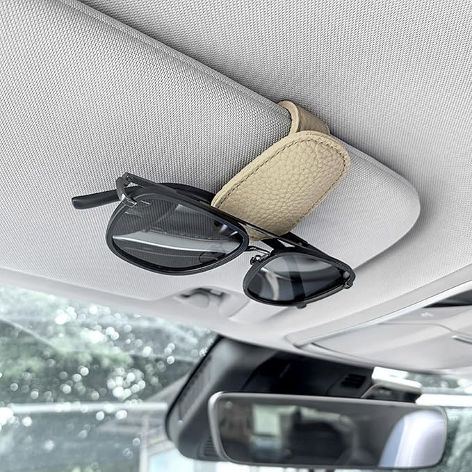 zipelo Sunglasses Holders for Car Sun Visor, 2PCS Magnetic Leather Vehicle Glasses Hanger Clip for Ticket Card, Auto Interior Eyeglass Organizer Accessories, Universal for SUV Sedan Truck (Beige)