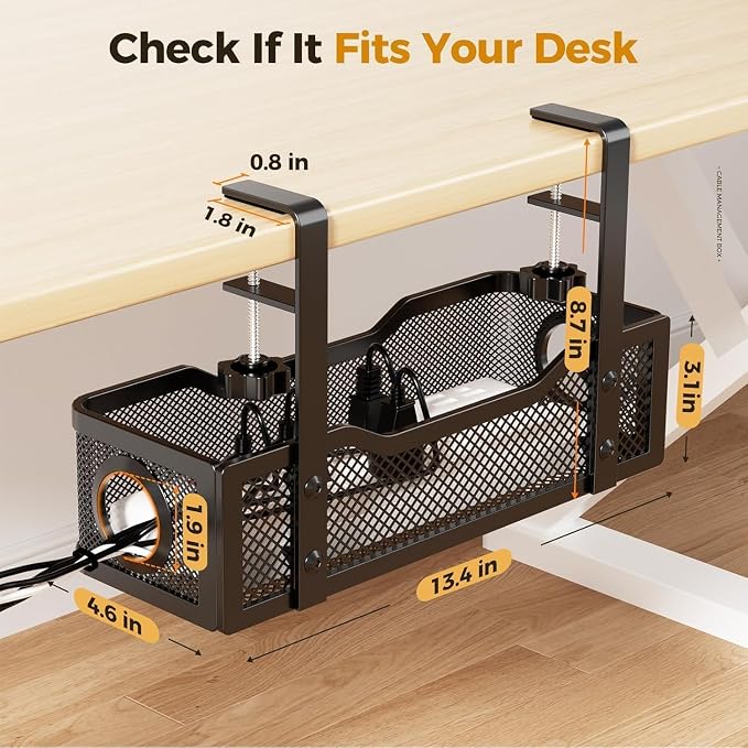Under Desk Cable Management Tray, Heavy Duty Steel Wire Cord Organizer 13.4 Ich for Computer Desk, No Drill Adhesive or Screw Mount Options, Power Strip Holder for Home | Office | Shop (Black)
