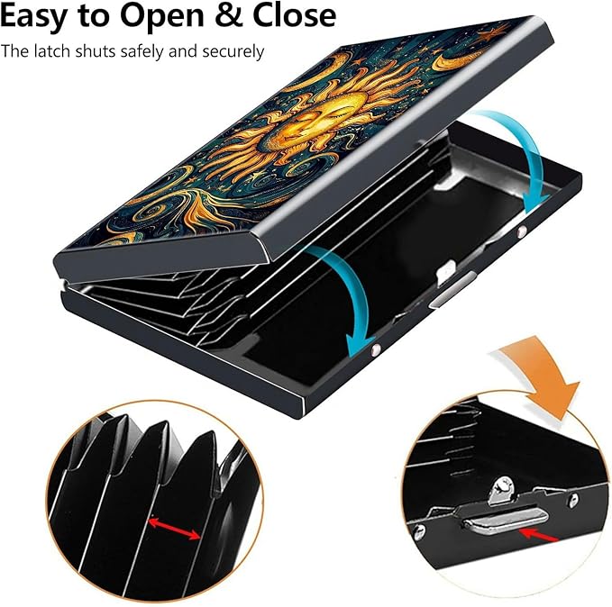 Credit Card Holder, Sun Moon Stars Design Mini RFID Blocking Aluminum Wallet Slim Metal Hard Case Shell Travel Wallet ID Case Small Credit Cards Case Business Cards for Women Men Girls