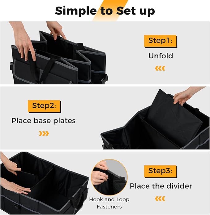 Car Trunk Organizer, 13 Gallon Collapsible Cargo Storage Box with Removable Divider & 6 Pockets, 3-Compatment Trunk Container with Securing Straps & Non-Slip Bottom for SUV, Sedan