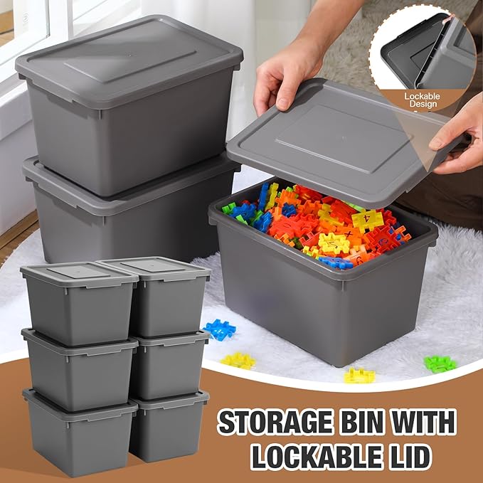 Potchen 6 Pcs Pack Cute Plastic Storage Bins with Lids Decorative Stackable Storage Boxes 9.8" ×7.3" ×5.7" Small Storing Totes for Organizing Craft Office Supplies (Grey)