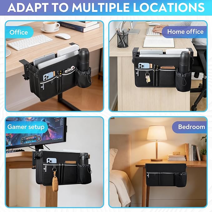 Side Desk Laptop Holder for Up to 3 Laptops, Side Desk Organizer with Adjustable Divider & Bottle Pocket, Soft-Lined Interior, Clamp Mount Side Desk Storage, Fits 0.6″-3.2″ Flat Edge