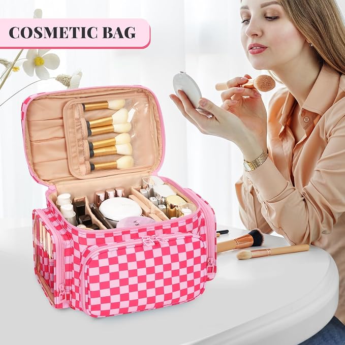 Bagmoly Large Checkered Makeup Bag, Travel Makeup Bag Organizer for Women Girls with Makeup Brush Compartment & Two Side Pockets, Cosmetic Travel Bag Vertical Storage Toiletry Bag- Hotpink