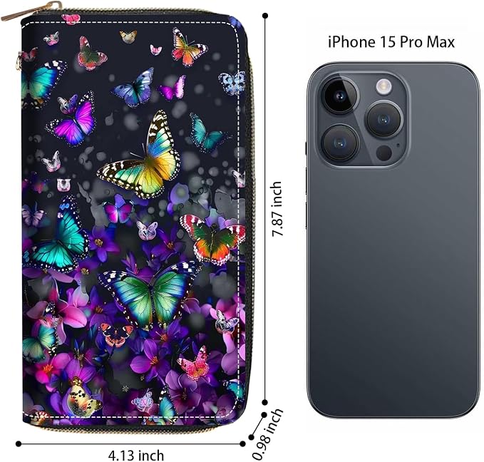 Women's Large Capacity Wallet PU Leather Zip Around Clutch Purse Multifunctional Wallet with Removable Wristlet Strap for Smart Phone/Coin/Card/Cash, Colorful Butterfly