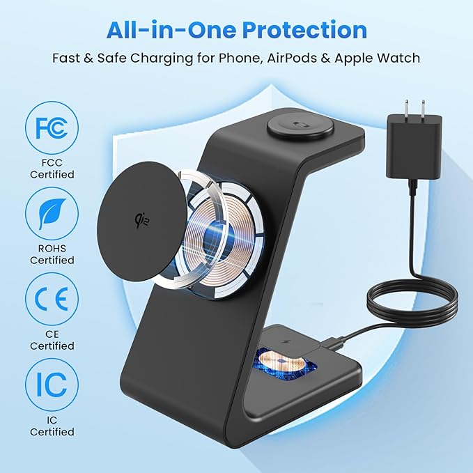 Qi2 15W Charging Station for iPhone 17: JoyGeek 3-in-1 Fast Wireless & Magnetic Charger for Magsafe, iPhone 17-12, Apple Watch Ultra 2-11 & AirPods 2-4, Includes 30W PD Adapter