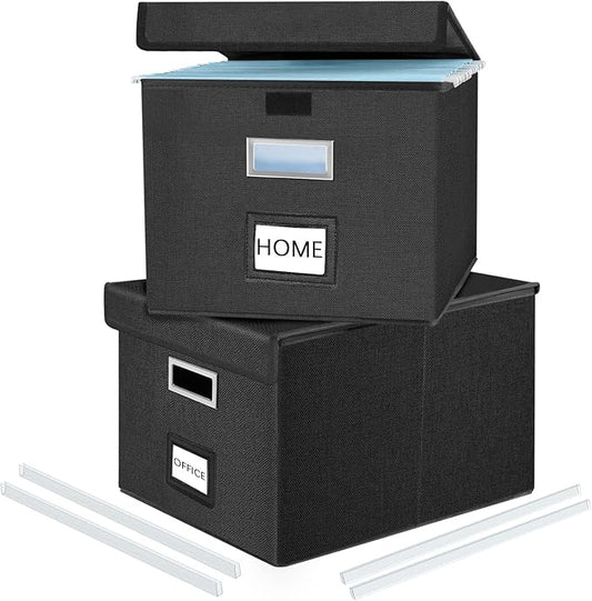 File Organizer Boxes with Lids, Collapsible Linen Hanging Filing & Storage Boxes with Plastic Slide for Office/Decor/Home, Filling System for File/Folders/Document Storage -2 Pack