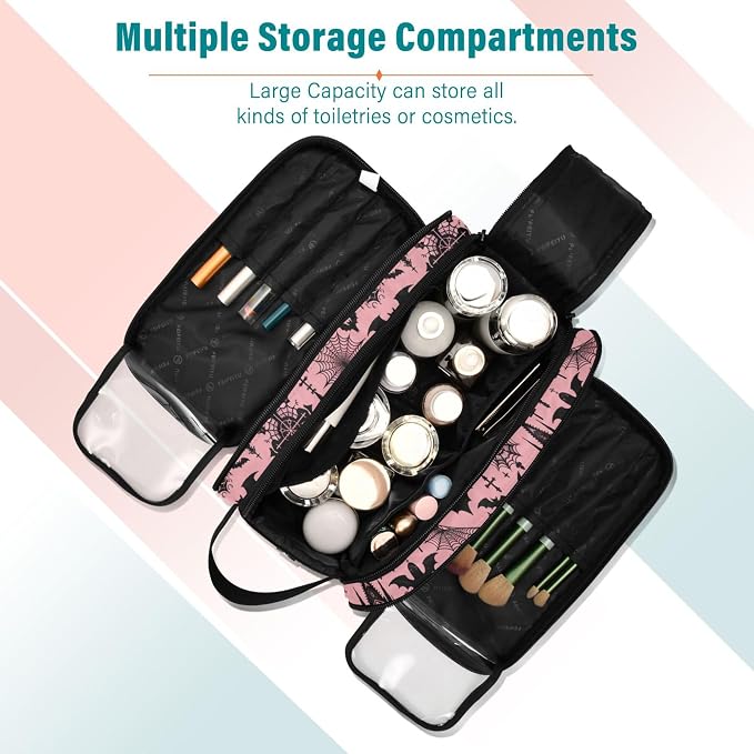 MNSRUU Large Capacity Makeup Bag, Black Gothic Moon Spider Webs and Bats Cosmetic Bag Portable Toiletries Pouch with Compartments Makeup Organizer Case for Travel Women