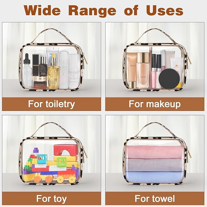 Wedama Clear Toiletry Bag, 2 Pack Clear Makeup Bags with Handles, Large Travel Bags PVC Cosmetic Bag for Women and Men, Carry on Airport Airline Compliant Bag, Leopard Print