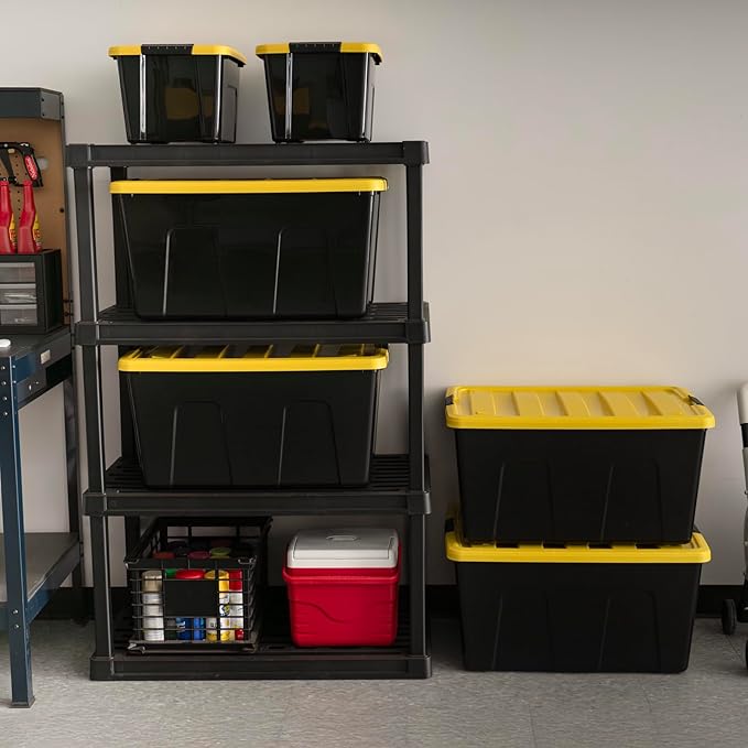 IRIS USA 94 Qt Stackable Plastic Storage Bins with Lids, 4 Pack - BPA-Free, Made in USA - Garage Organizing Solution, Latches, Durable Nestable Containers, Secure Pull Handle - Black/Yellow