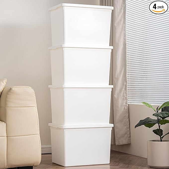YUNGSHY 4 Pack 58 Quart White Large Stackable Storage Bins With Lids,Bathroom Closet Undersink Organizers and Storage Containers and Durable Nestable Closet, Garage, Totes (white, 58Qt.-4Pack)