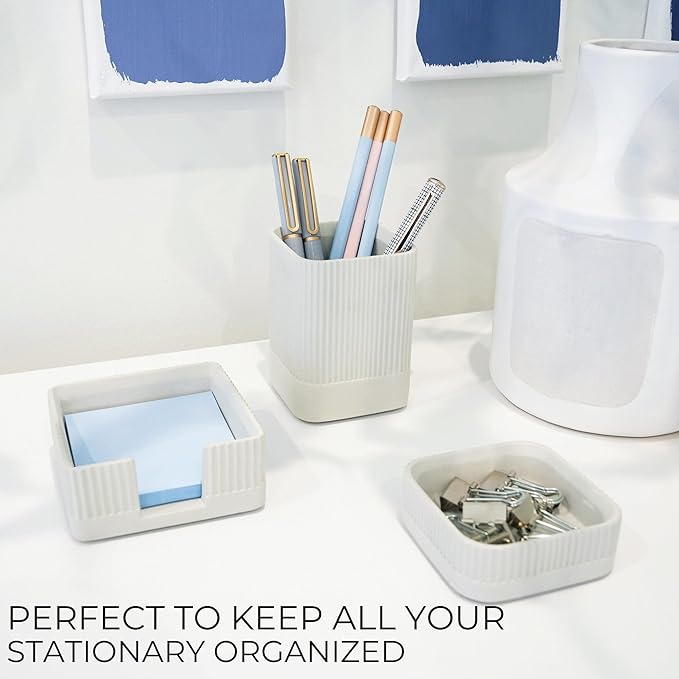 Aesthetic Desk Organizer Set of 3 For Your Office - Sturdy Concrete Desktop Accessories For Women or Men Enhance Any Office Decor - Set incl. Pen Holder, Paperclip Storage and Sticky Note Holder