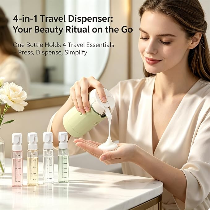 4 in 1 Travel Dispenser, Travel Bottles for Toiletries, No Squeeze Press Dispenser 30ML Leak Proof Travel Containers, Portable Refillable Shampoo Lotion Conditioner Bottles with Labels(2White)