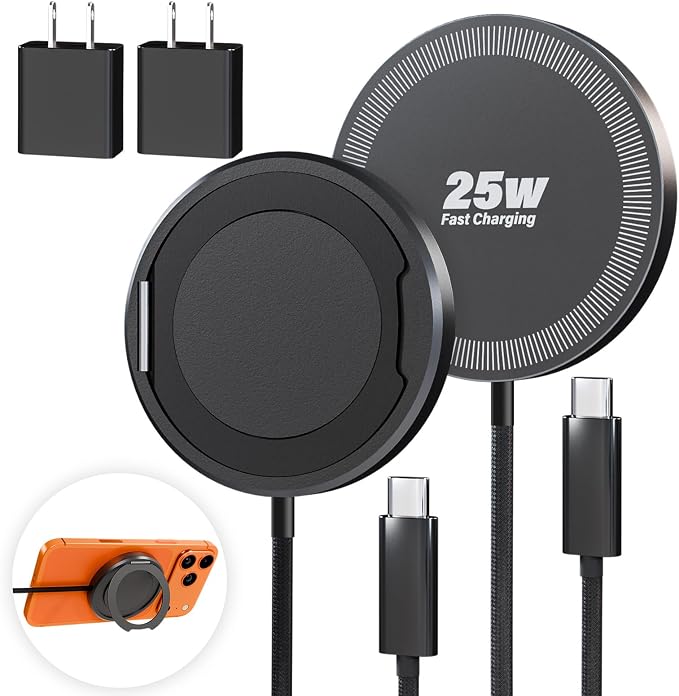 2Pack Magnetic Wireless iPhone Charger Fast Phone Charger with Stand, 6FT 25W Fast Phone Charging Pad Wireless Magnetic Charge for iPhone 17/17Air/16 Pro Max/16 Plus/15 Pro Max/AirPods3/2/Pro Black