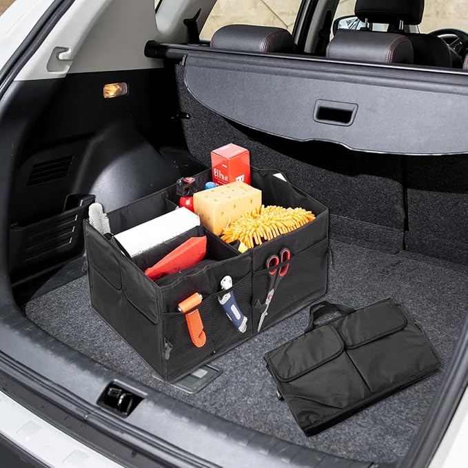 Car Trunk Organizer, Large Capacity Collapsible Multi-Compartment Vehicle Trunk Storage Organizer, Foldable Auto Rear Seat Organization Box for Cargo Grocery, Universal for Vehicles (Black)