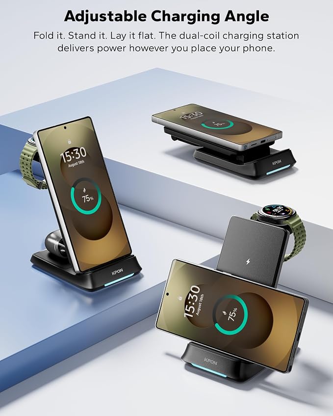 KPON 3 in 1 Charging Station for Samsung, Wireless Charger for Thick Cases, Foldable Phone and Watch Charger Stand for Galaxy S26/S25/S25 Ultra/S24/Z Fold/Android Devices, Galaxy Watch and Earbuds