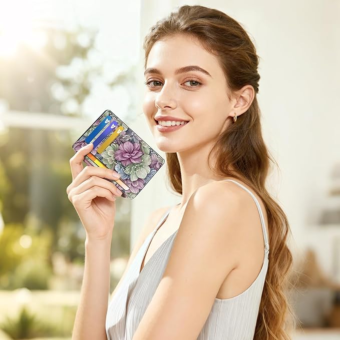 Tipmile Credit Card Holder for Women Slim Minimalist Front Pocket RFID Blocking Wallet Small Compact Card Case with ID Window, Flowers