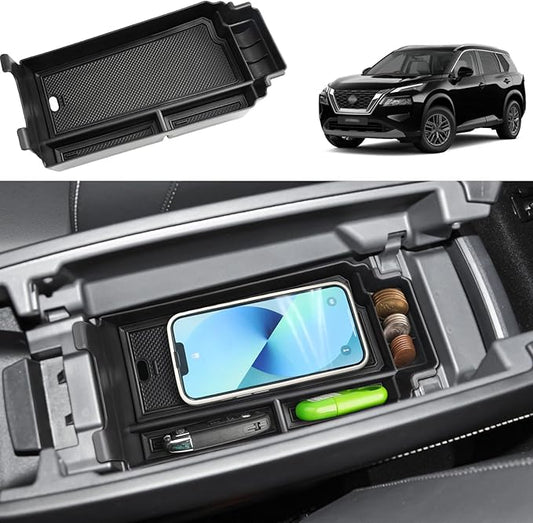 2021-2025 2026 Rogue Center Console Organizer for Nissan Rogue (S/SV/SL/Platinum/Rock Creek/Dark Armor), Durable ABS&Anti-Slip Rubber Console Tray Insert 2026 2025 Rogue Accessories (Black)