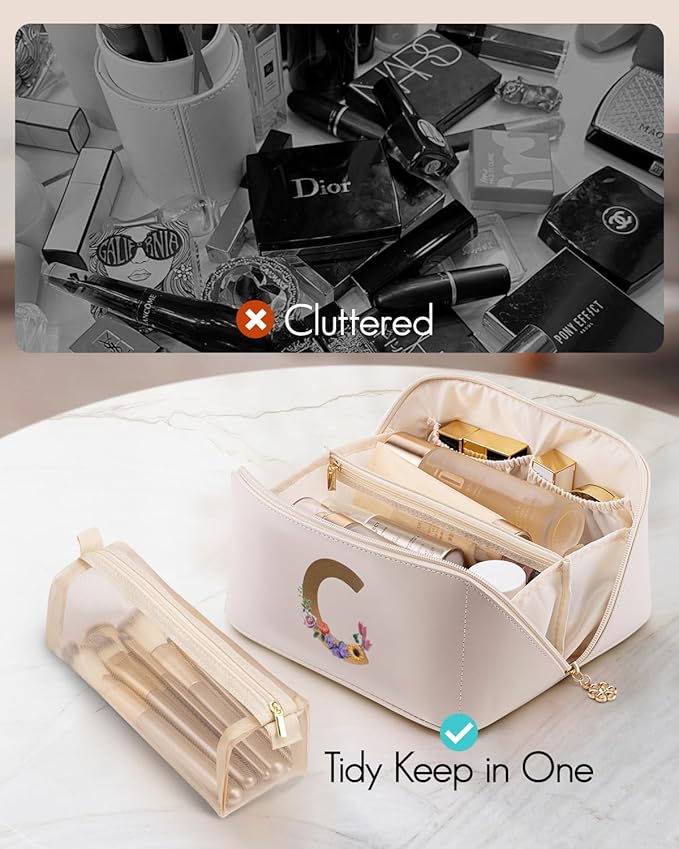 VLANDO Bridal Shower Gifts,Initial Makeup Bags,Mothers Day Gifts for Mom Birthday Gifts for Women Girls Personalized Gifts for Wife Thanks Gift(Letter C)