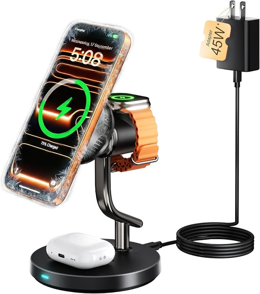 4 in 1 Wireless Charging Station, Qi2.2 25W Certified Fast Magnetic Charger, Mag-Safe Wireless Charger Stand with TEC Active Cooling and Night Light, for iPhone17/16/15/14/13/12, Apple Watch/AirPods