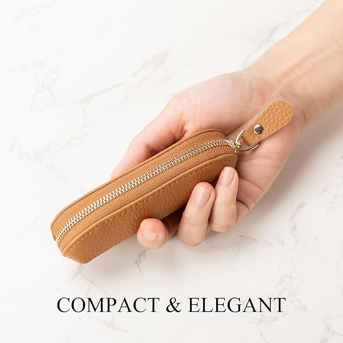 Full Grain Leather Coin Pouch - Travel Small Coin Purse with Zipper - Mini Key Pouch Change Purse for Women and Men (Brown)