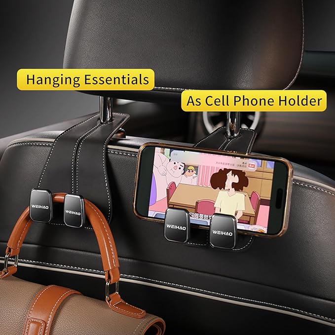 WEIHAO Wide Purse Hook for Car, Twin Hook Leather Car Headrest Hangers, Car Seat Back Storage Hook, Headrest Hooks Purse Bag Holder for Car Universal Fit Sedan Trucks SUVs Most Vehicles (Black-2PCS)