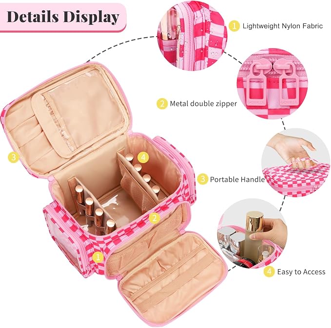 Bagmoly Large Checkered Makeup Bag, Travel Makeup Bag Organizer for Women Girls with Makeup Brush Compartment & Two Side Pockets, Cosmetic Travel Bag Vertical Storage Toiletry Bag- Hotpink